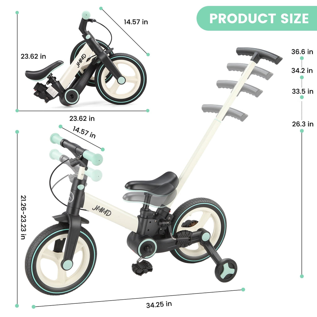 JMMD Toddler Bike with Push Handle for Kid 18-60 Months, 6 in 1 Foldable Tricycle with Training Wheel, Pedals, Kid Balance Bike for Boy & Girl, Black