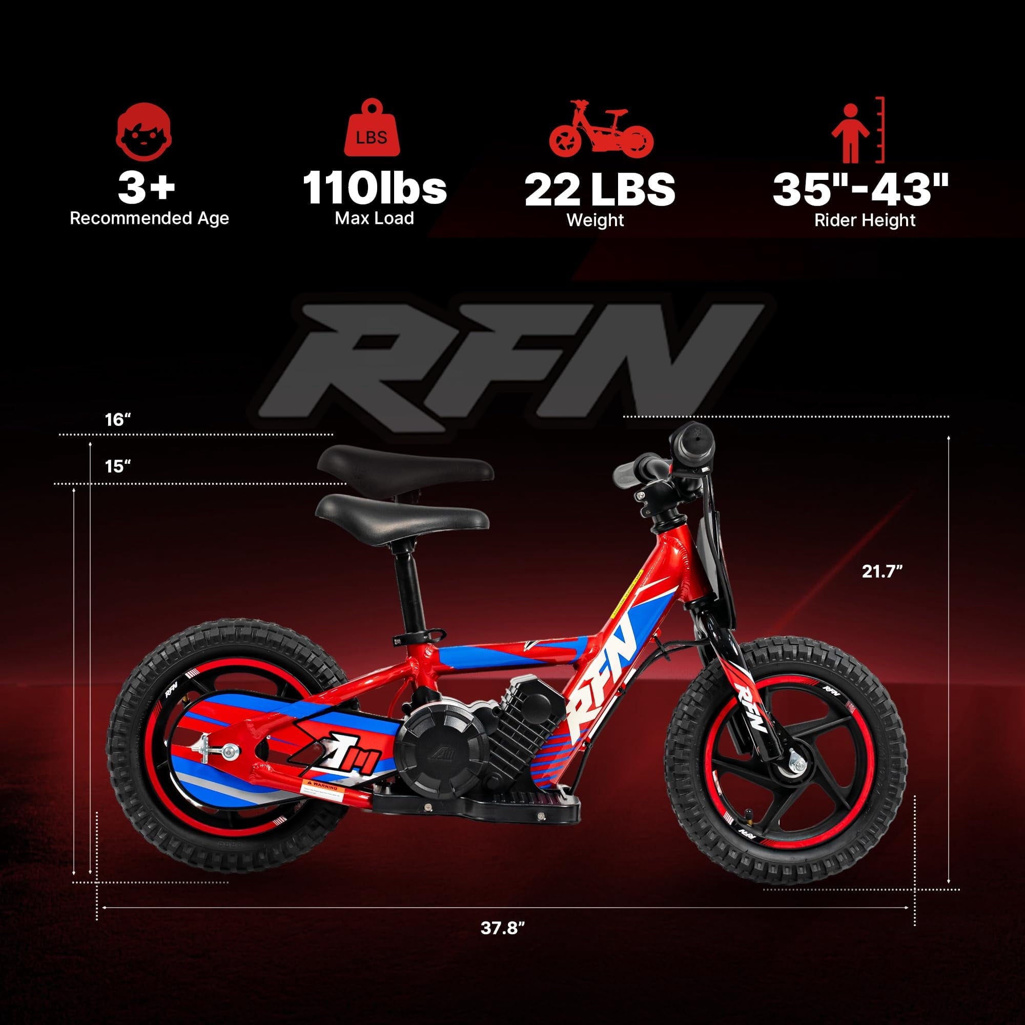 RFN Kids 24V Electric Balance Bike – 170W Motor, 2-Speed Mode, 12 Off Road Electric Dirt Bike, Safe Starter Ebike for Ages 3+