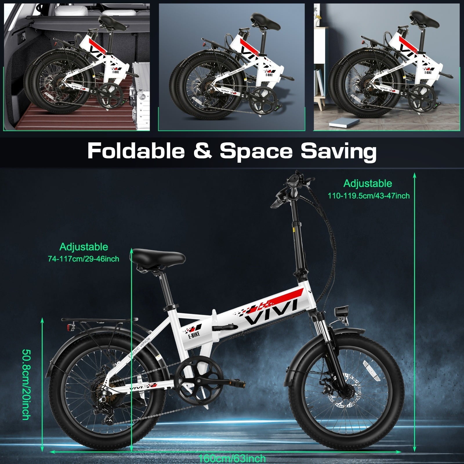 Vivi Electric Bike for Adults 20 x 2.4 Folding Electric Bike 48V 500W Electric Bike Commuter Bike 19.8MPH Suspension Fork Electric Bike with Cruise Control, UL2849 Certified