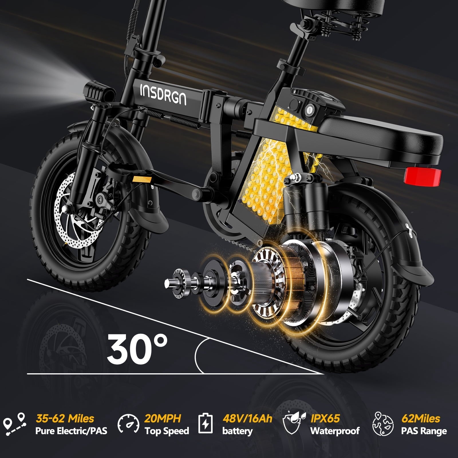 INSDRGN Folding Electric Bike for Adults Teens, 650W Peak Motor, 10.4AH 48V Battery 14 Electric Bicycles, 28 Miles Range, Mini Ebike for City Commuter, UL2849, Gray