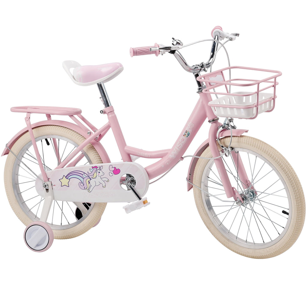 16/18 Inch Bike Kids Bicycle with Basket, Girls Bikes Ages 5-10, Kids Bicycles with Front and Rear Brakes, Kid Bike with Training Wheels, Kickstand, Rear Seat