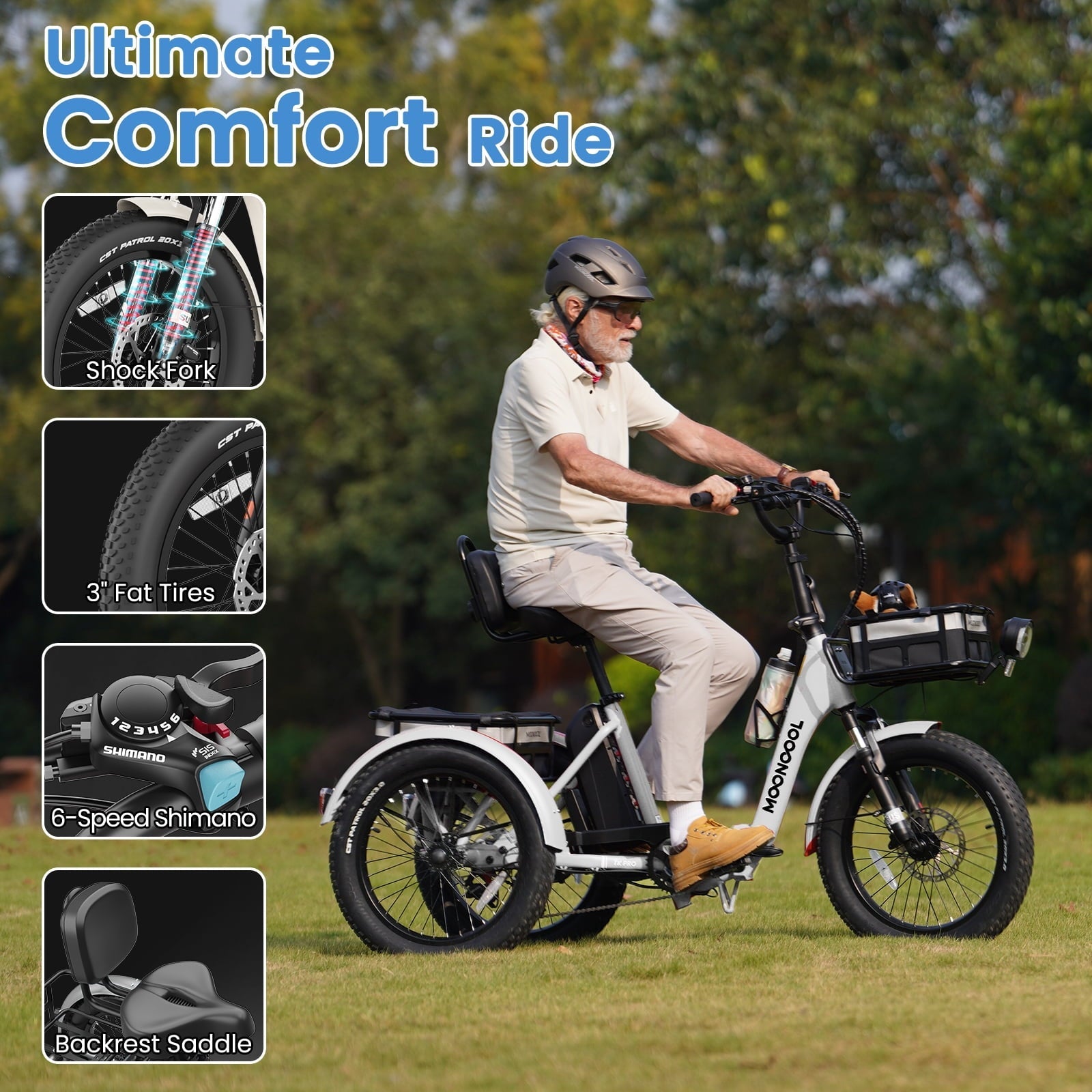 MOONCOOL TK Pro Foldable Electric Tricycle W/ Rearview mirror accessory Kit, 1500W Motor 48V 20Ah Battery, 20 Fat Tire Three Wheel 6-Speed Electric Mountain Bicycle for Adults