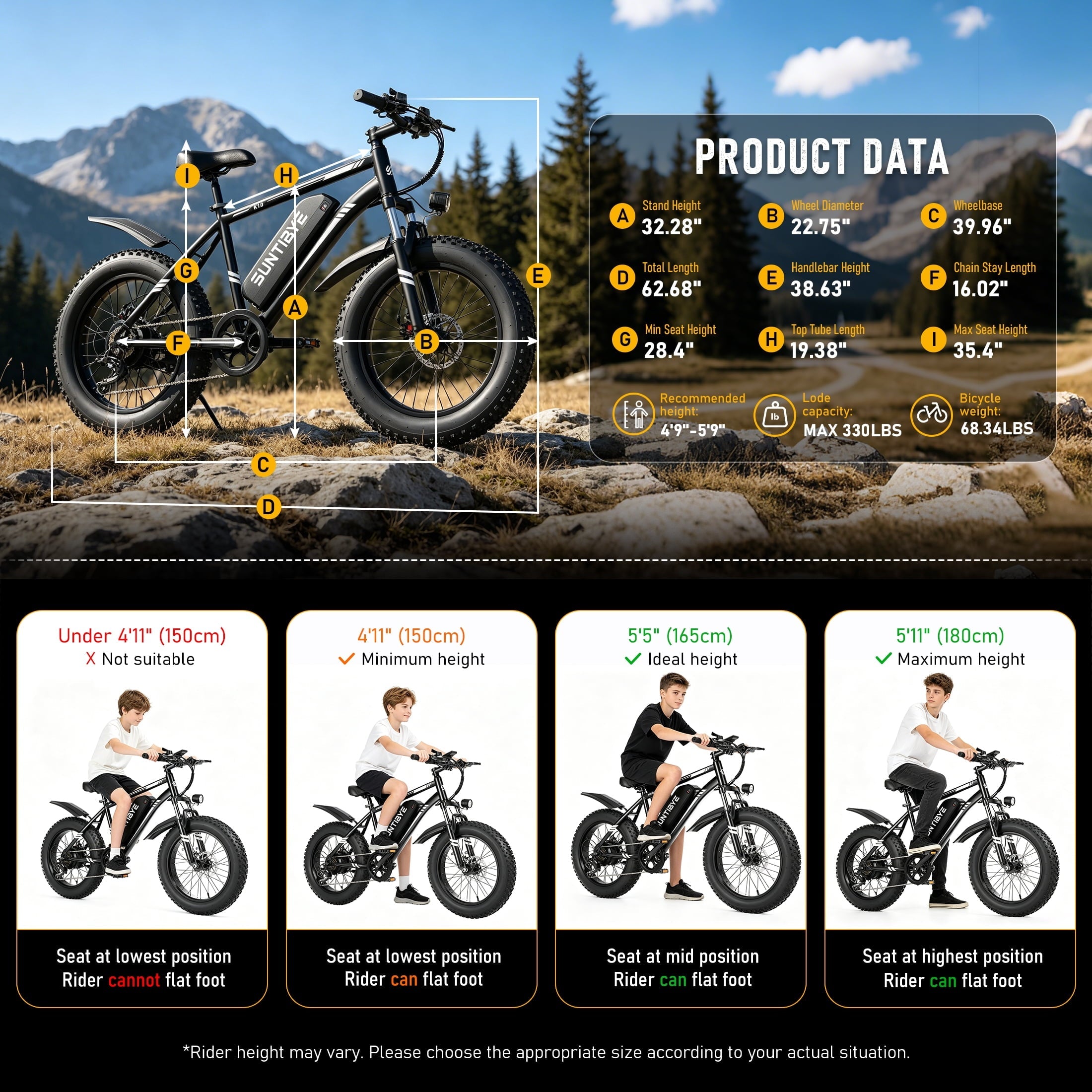 SUNTIBYE K10 Electric Bike 1000W, 48V 15Ah, 20 Fat Tire Ebike, 28MPH, E-Mountain Bike UL2849,Black
