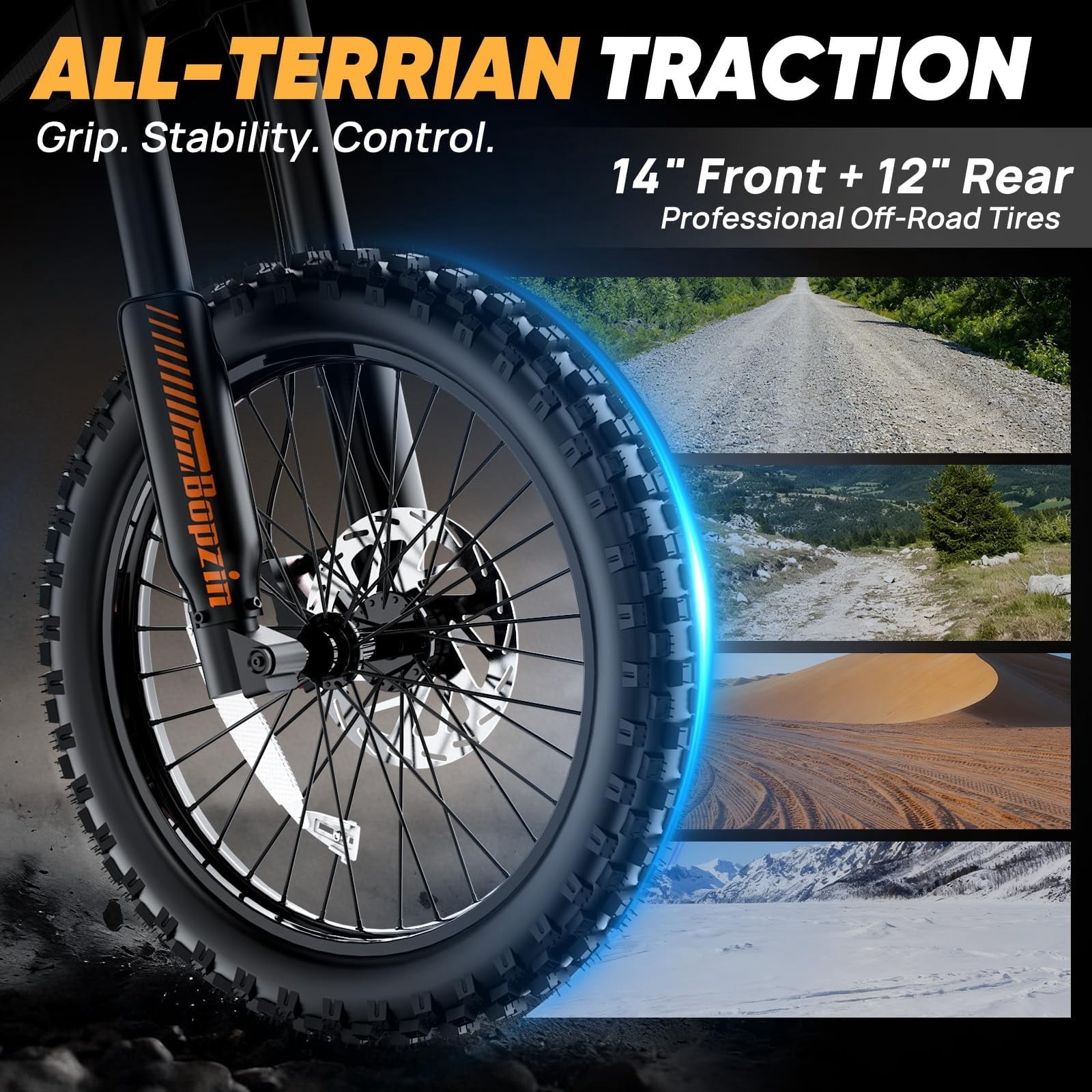 Bopzin Electric Dirt Bike for Adults, Smart App Anti-Theft, 60V 25Ah Up to 100 Miles, 3000W 20x3.0 Fat Tire Electric Bike UL2849