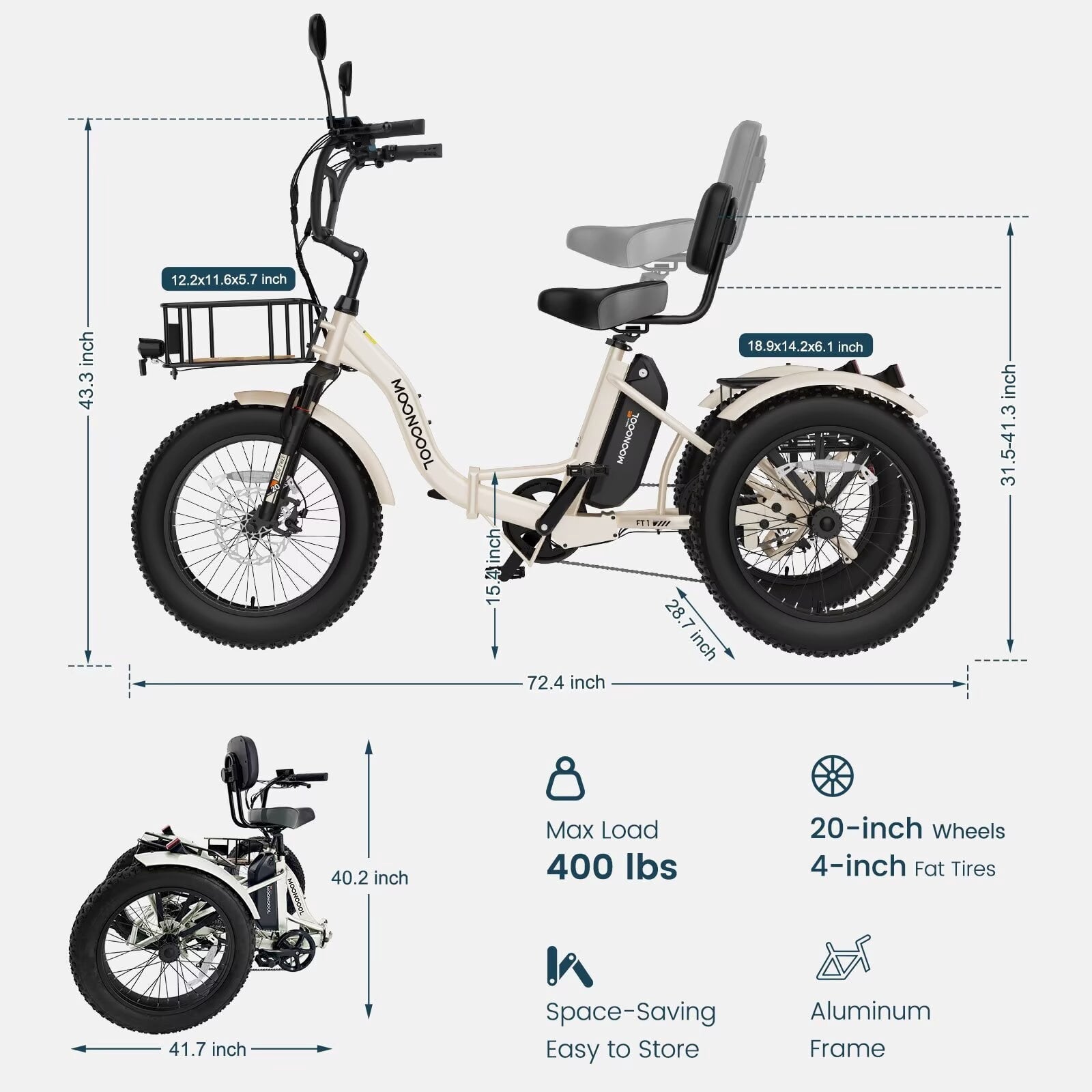 MOONCOOL Folding Electric Tricycle for Adults, 20 x 4 Fat Tire Electric Trike, 48V Peak 1092W  Electric Bicycle, 3 Wheels 7 Speed Ebike w/ 14.5Ah Removable Battery& Speed Differential Mechanism