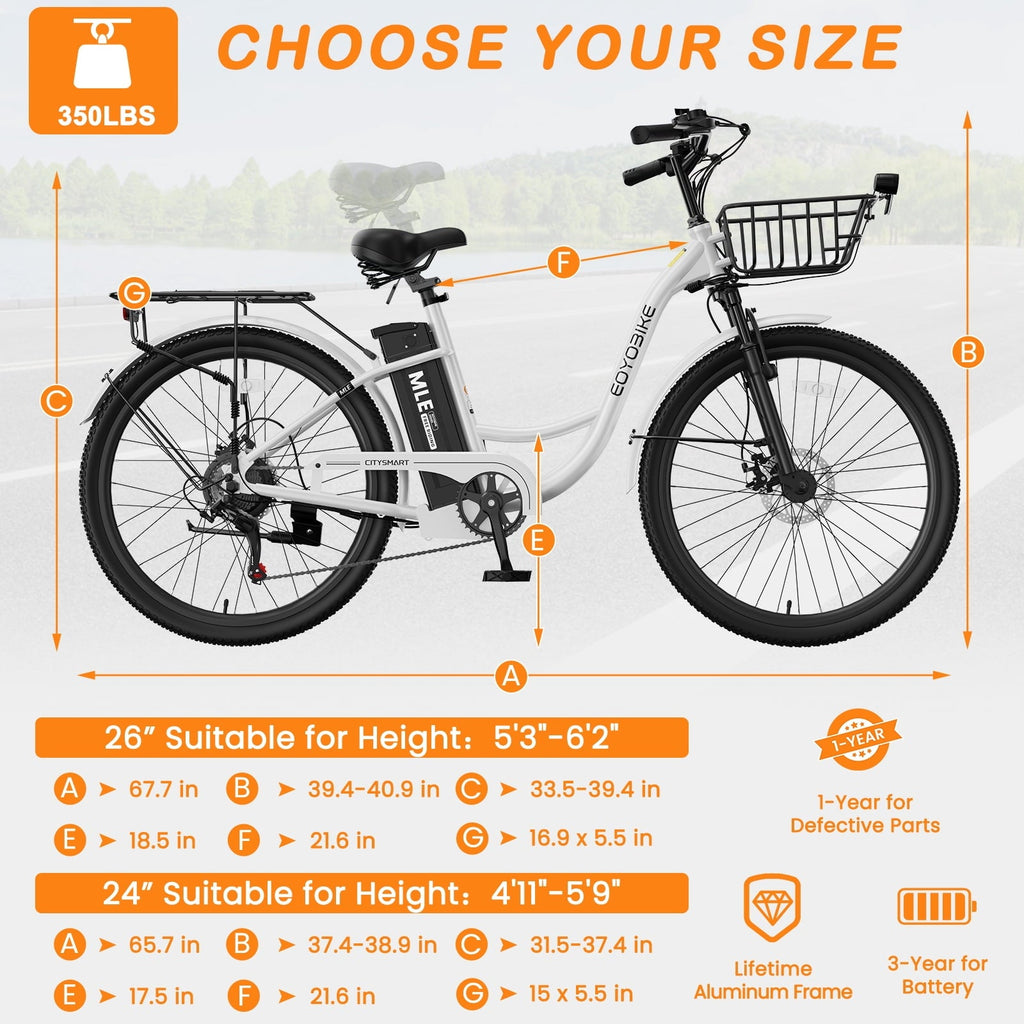 MOONCOOL Electric Bicycle for Adults 350W , 7-Speed Ebike with 36V 10.4Ah Removable Battery . 40 Miles Range , 20 mph Electric Commuter Bike for Women Men