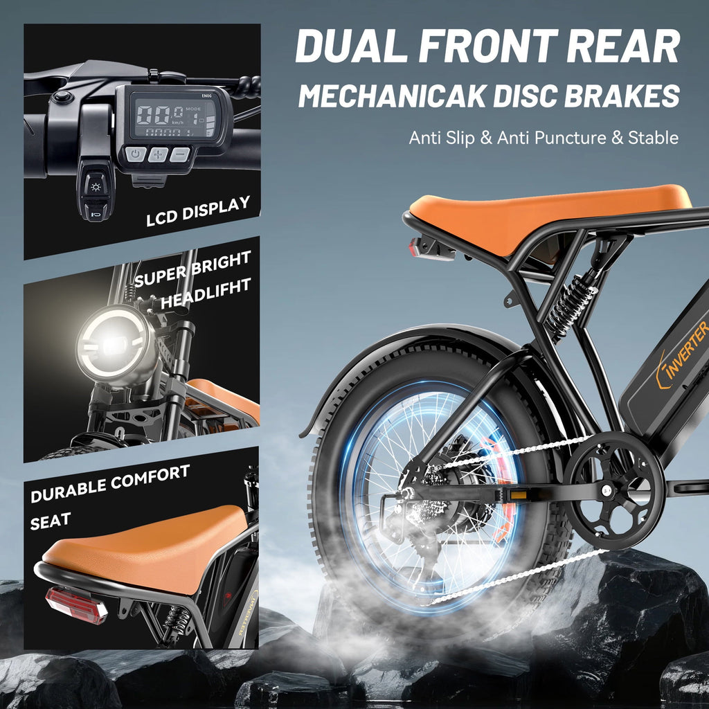 C INVERTER 20 x 4 Fat Tire Electric Bike for Adults, Peak 1100W Motor Retro Ebike Mountain Bike, 48V 14.5 Ah Removable Battery, Max Speed 28 Mph Electric Bicycle Snow Bike