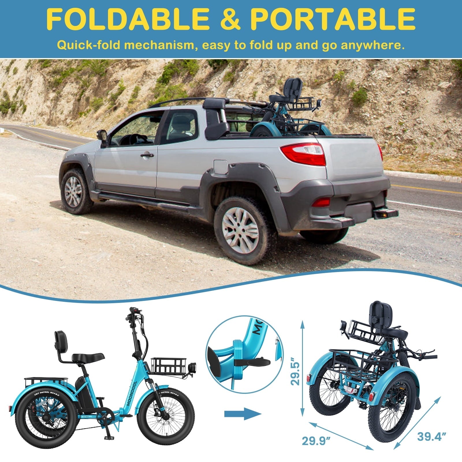 MOONCOOL TK Pro Foldable Electric Tricycle W/ Rearview mirror accessory Kit, 1500W Motor 48V 20Ah Battery, 20 Fat Tire Three Wheel 6-Speed Electric Mountain Bicycle for Adults