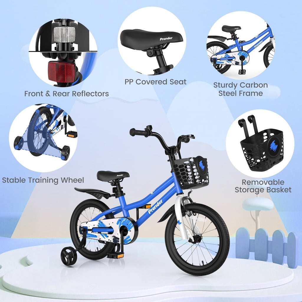 Costway 14'' Kid's Bike with Removable Training Wheels & Basket for 3-5 Years Old White