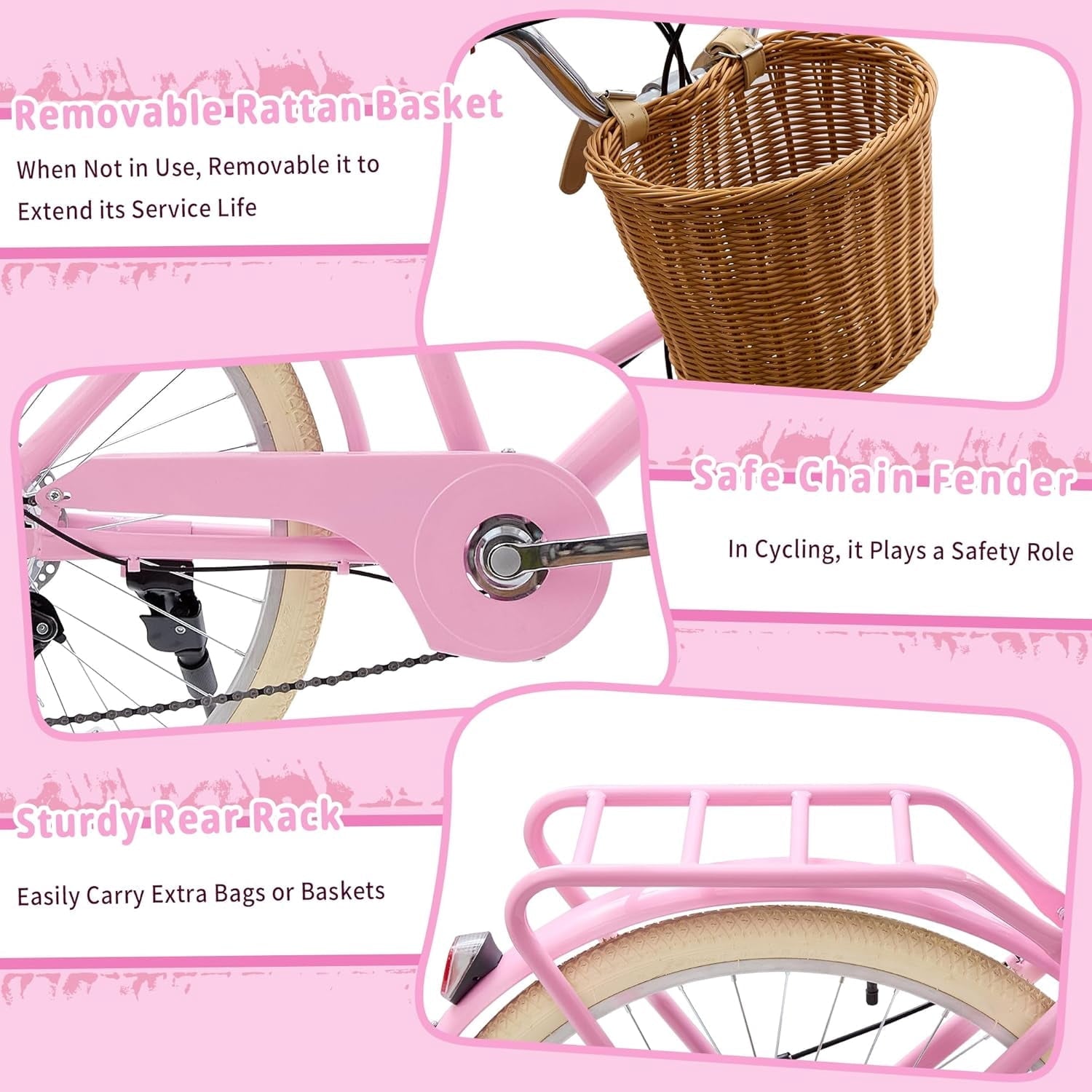 24 Beach Cruisers for Women, Pipleo Bikes for Women with Rattan Basket, 7-Speed & Step-Through Frame