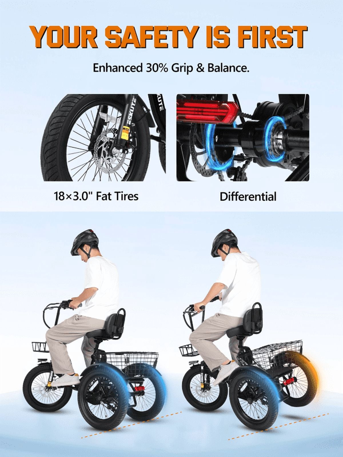 ESKUTE Electric Tricycle for Adults, 1200W Peak Motor, Up to 55 Miles Range, 624Wh Removable Battery, Folding 3-Wheel Ebike with 18x3.0 Fat Tires, Step-Through Red, UL2849