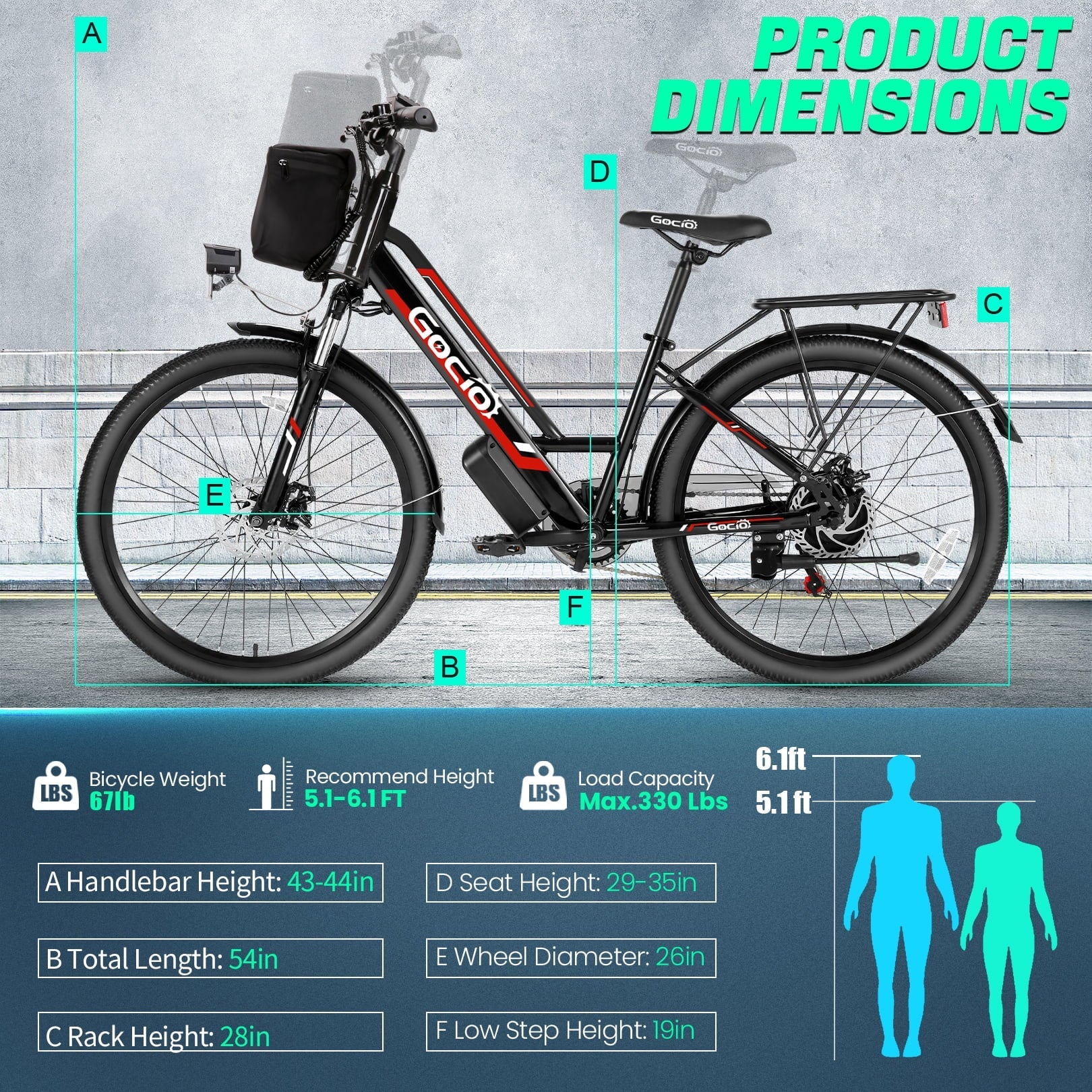 Gocio UL2849 Certified 26 Electric Bike for Adults, 750W Peak Motor, 48V 7.8Ah Battery, 19.8 mph 7-Speed Commuter Ebike with Disc Brakes