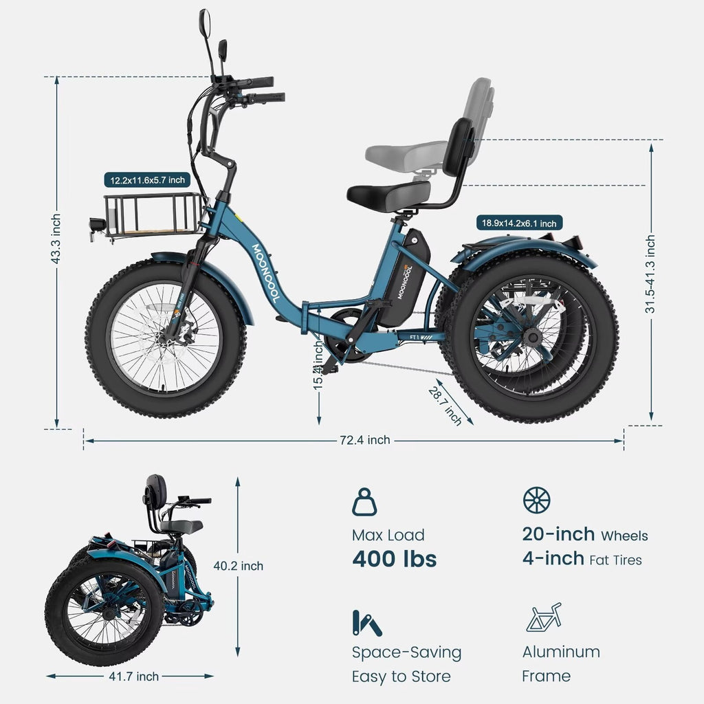 MOONCOOL Folding Electric Tricycle for Adults, 20 x 4 Fat Tire Electric Trike, 48V Peak 1092W  Electric Bicycle, 3 Wheels 7 Speed Ebike w/ 14.5Ah Removable Battery& Speed Differential Mechanism