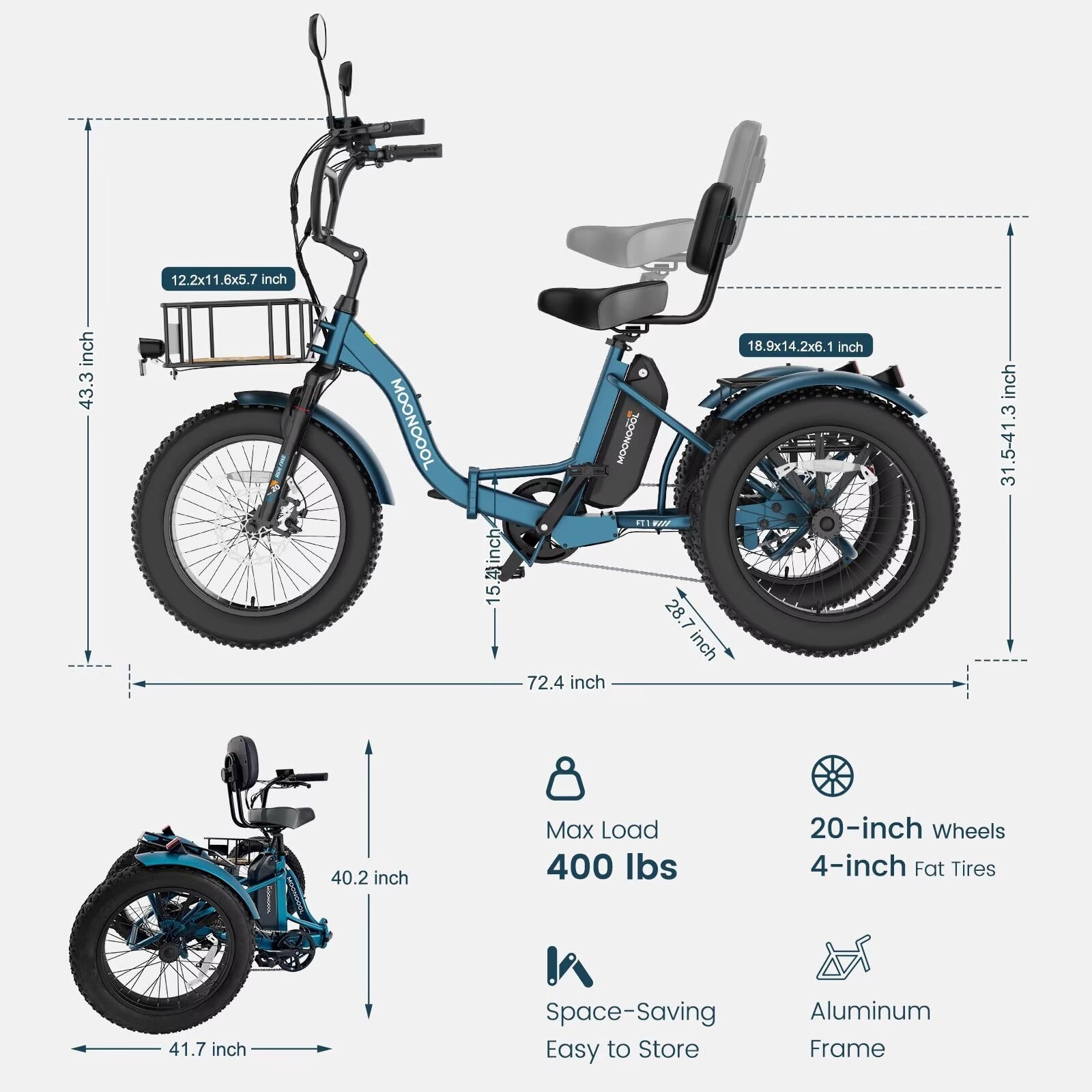 MOONCOOL Folding Electric Tricycle for Adults, 20 x 4 Fat Tire Electric Trike, 48V Peak 1092W  Electric Bicycle, 3 Wheels 7 Speed Ebike w/ 14.5Ah Removable Battery& Speed Differential Mechanism