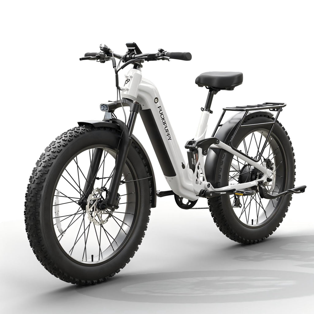 PUCKIPUPPY 26 Electric Bikes for Adults 960W Peak Step Through E-Bikes up to 80Miles Range 48V 20AH Battery Full Suspension Ebike 28 mph Max Speed Fat Tire E-Mountain Bike 7 Speed, UL2849 by SGS