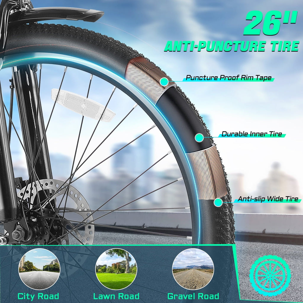 Gocio UL2849 Certified 26 Electric Bike for Adults, 750W Peak Motor, 48V 7.8Ah Battery, 19.8 mph 7-Speed Commuter Ebike with Disc Brakes