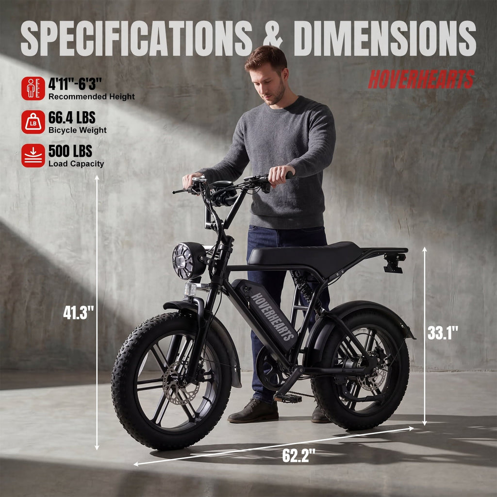HOVER HEART 20 Fat Tire E-Bike 500W Electric Bicycle for Adults 48V 15Ah 28mph 7 Speed Hydraulic Brakes Retro Style Electric Bike with LCD Display