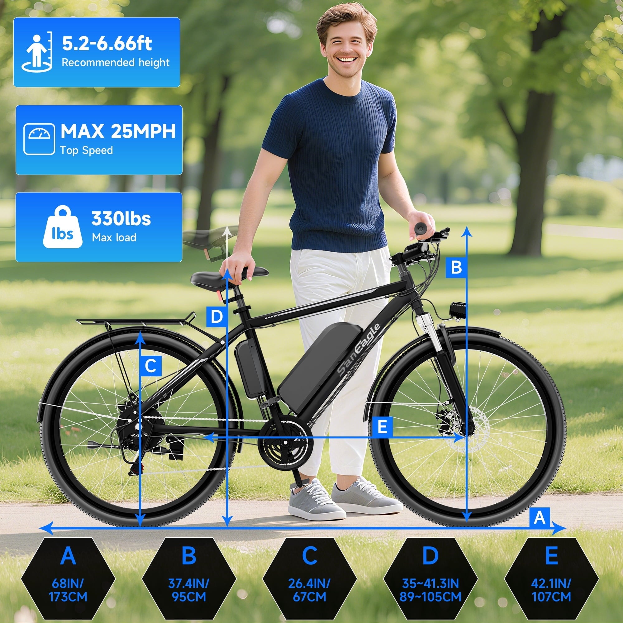 Saneagle 1000W Peak Electric Bike for Adults, City E-Bike, 52V 15Ah Removable Battery, 26 Tire, Shimano 21 Speed, UL 2849 Certified, Black