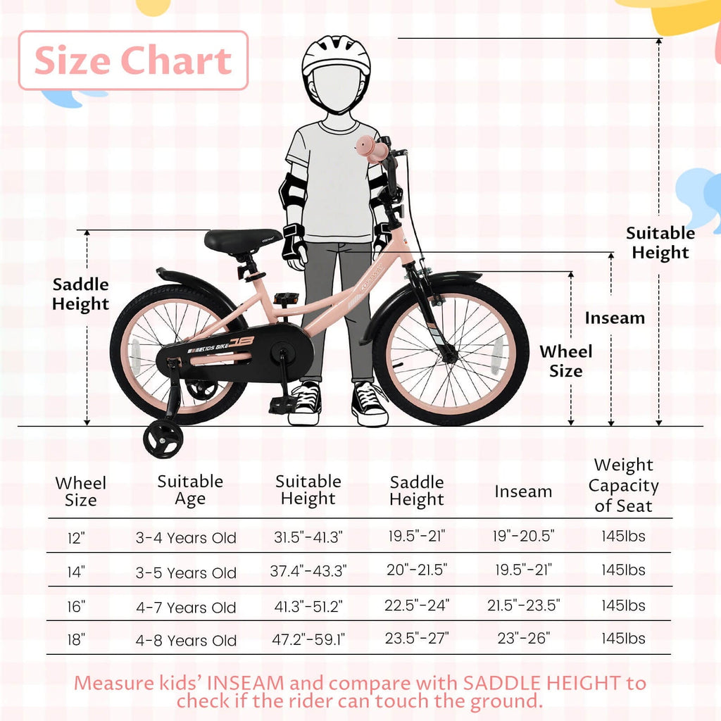 Costway 18 Inch Kids Bike with Training Wheels, Dual Brakes, Adjustable Seat & Handlebar Height Pink