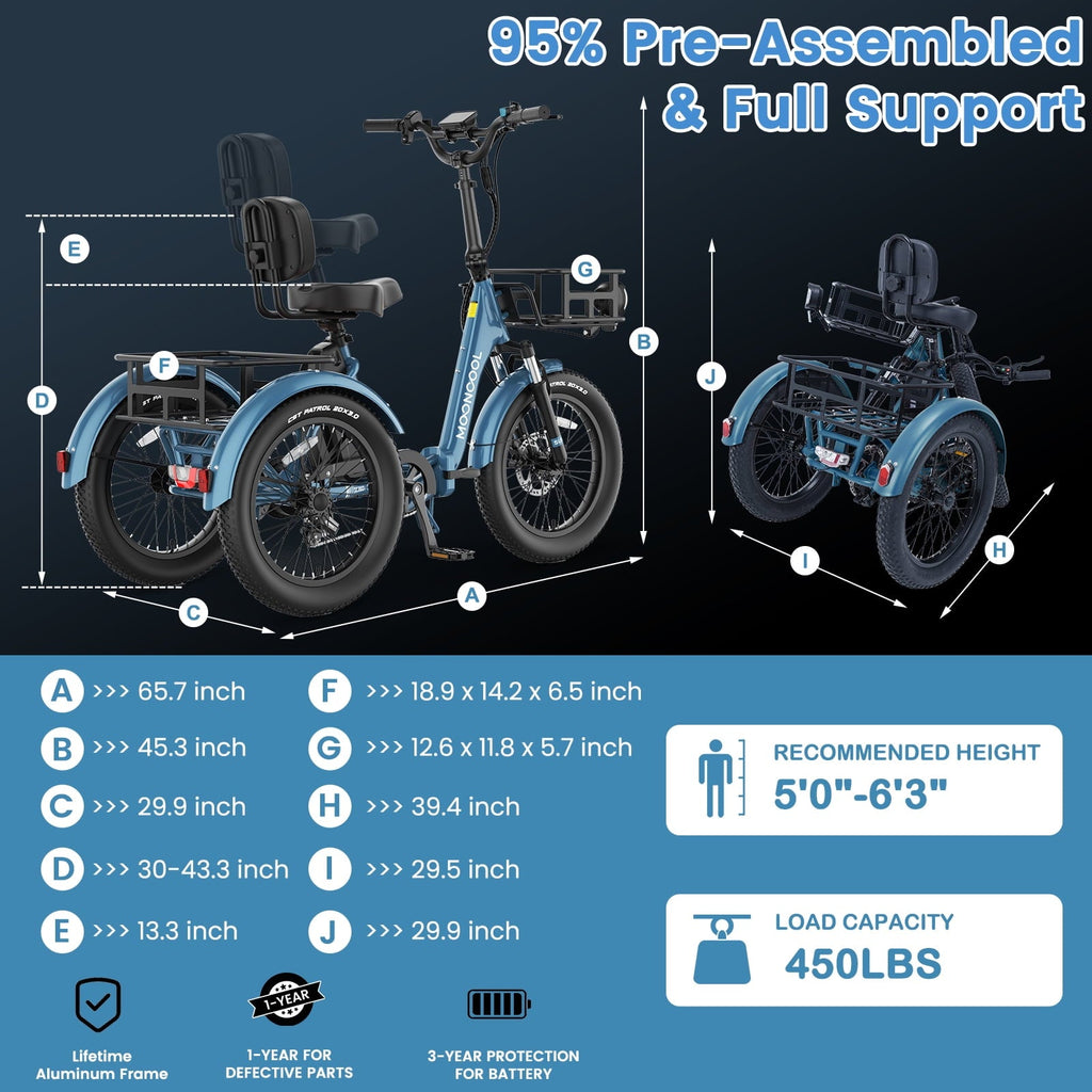 MOONCOOL TK Pro Foldable Electric Tricycle W/ Rearview mirror accessory Kit, 1500W Motor 48V 20Ah Battery, 20 Fat Tire Three Wheel 6-Speed Electric Mountain Bicycle for Adults