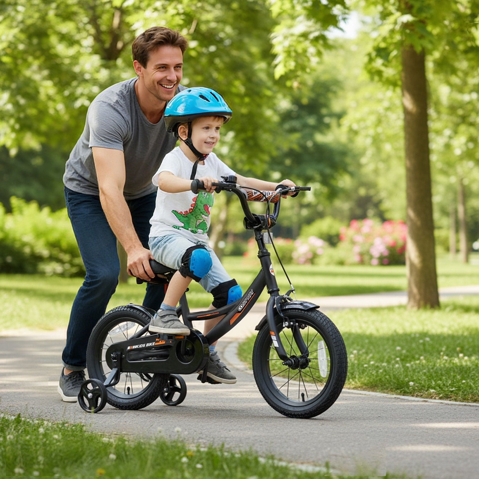Costway 18 Inch Kids Bike with Training Wheels, Dual Brakes, Adjustable Seat & Handlebar Height Pink