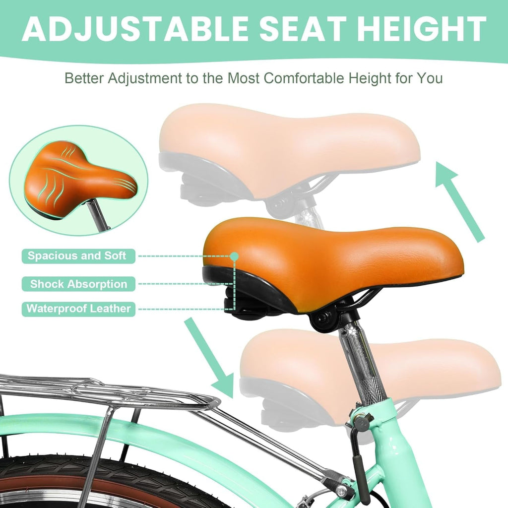 24 Beach Cruisers for Women, Pipleo Bikes for Women with Rattan Basket, 7-Speed & Step-Through Frame