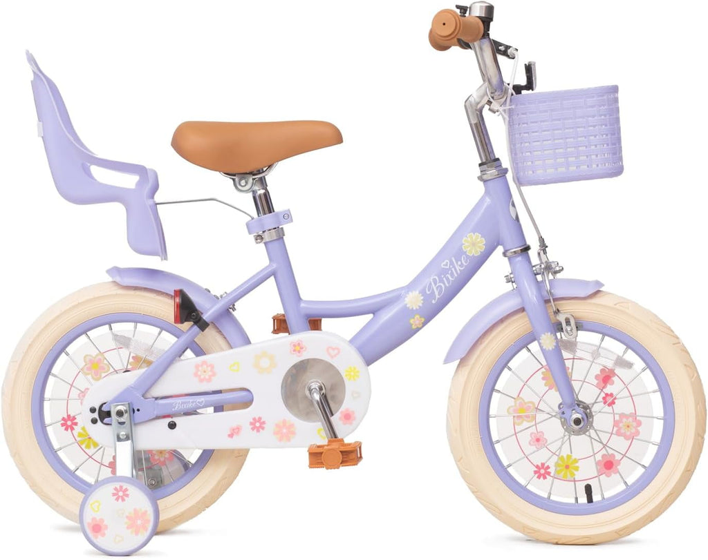 ACEGER 14 Inch Girls Bike with Basket, Training Wheels, Doll Seat, Purple Kids Bicycle for Ages 3-5