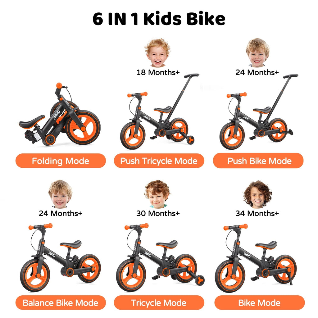 JMMD Toddler Bike with Push Handle for Kid 18-60 Months, 6 in 1 Foldable Tricycle with Training Wheel, Pedals, Kid Balance Bike for Boy & Girl, Black