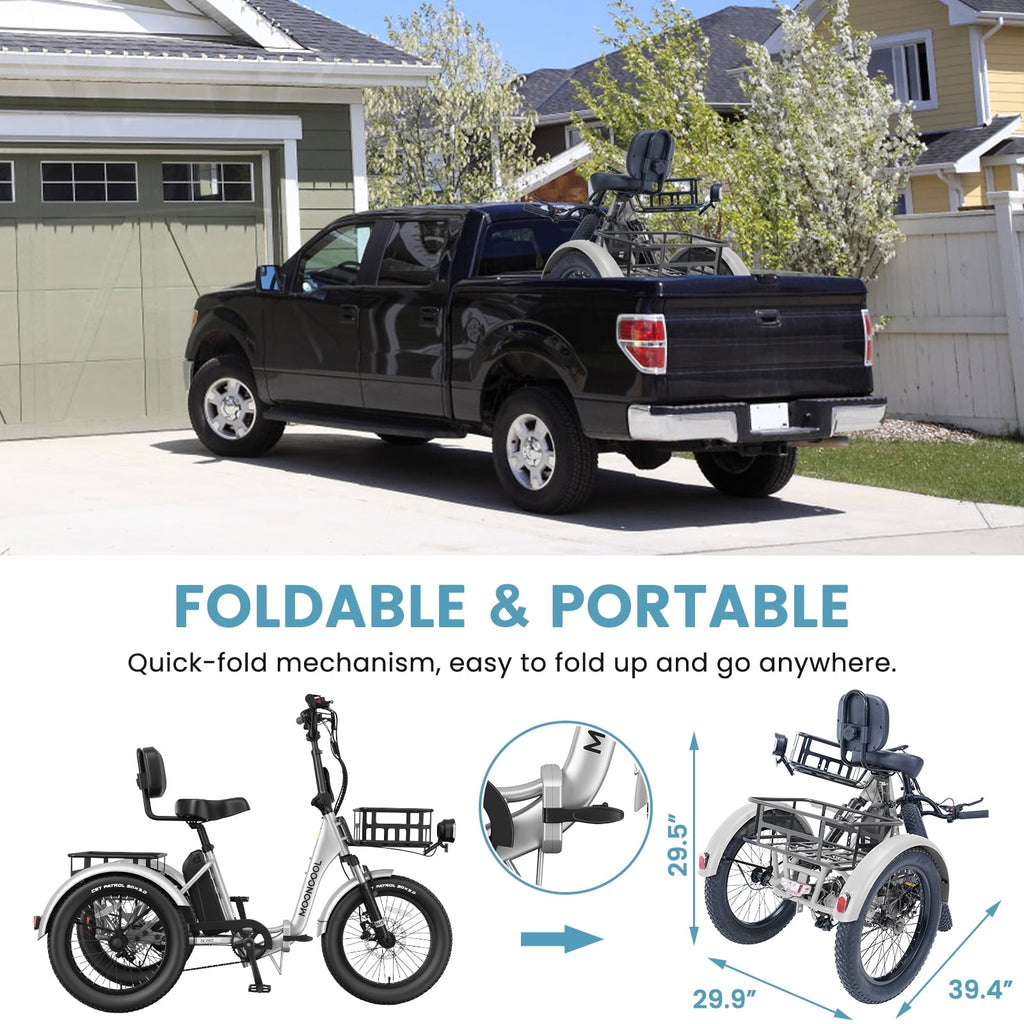 MOONCOOL TK Pro Foldable Electric Tricycle W/ Rearview mirror accessory Kit, 1500W Motor 48V 20Ah Battery, 20 Fat Tire Three Wheel 6-Speed Electric Mountain Bicycle for Adults