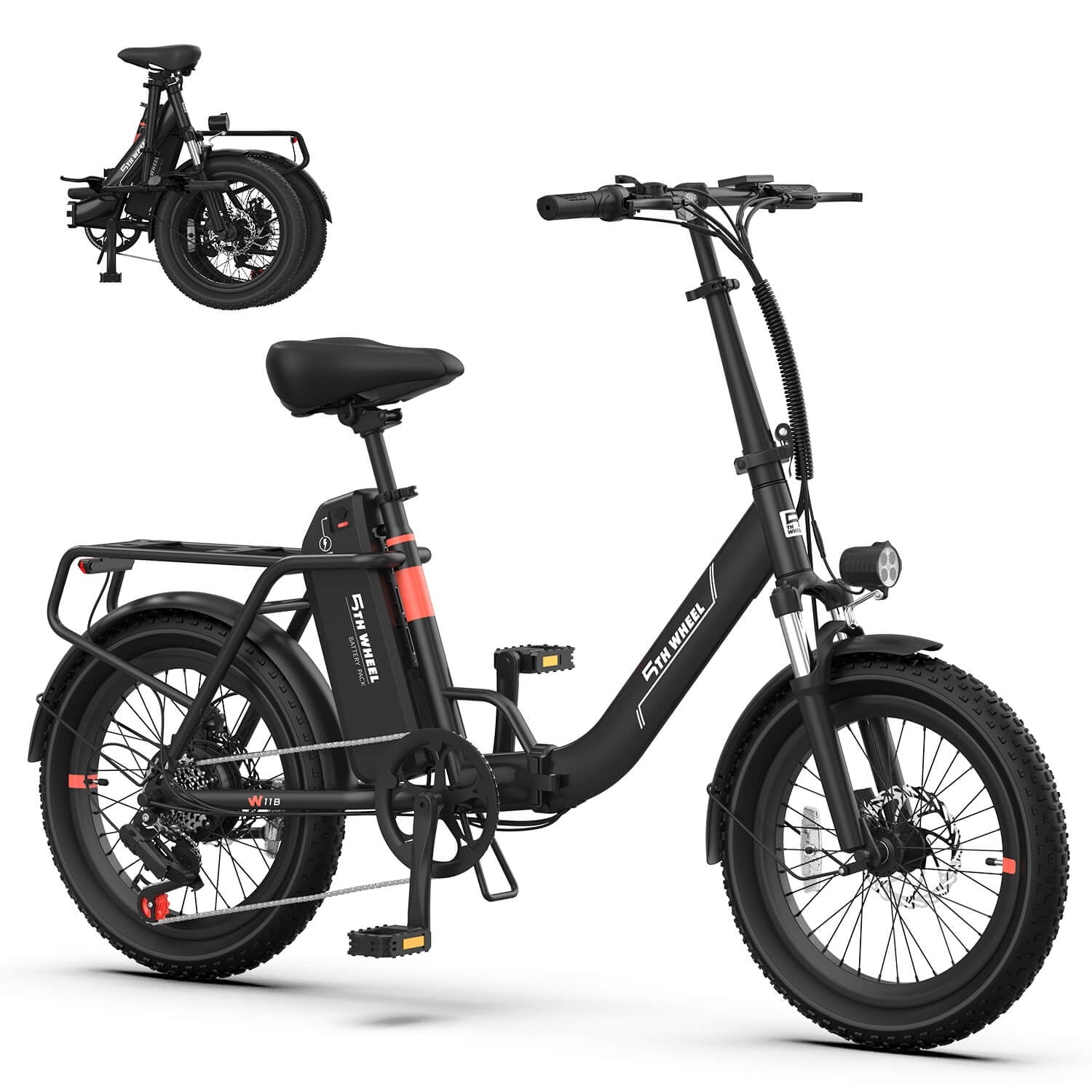 5TH WHEEL W11B 20 Fat Tire Electric Bike, 500W Foldable Adult E-bike with 48V 15.6Ah Removable Battery, Electric Bicycle with 7 Speed, UL2849