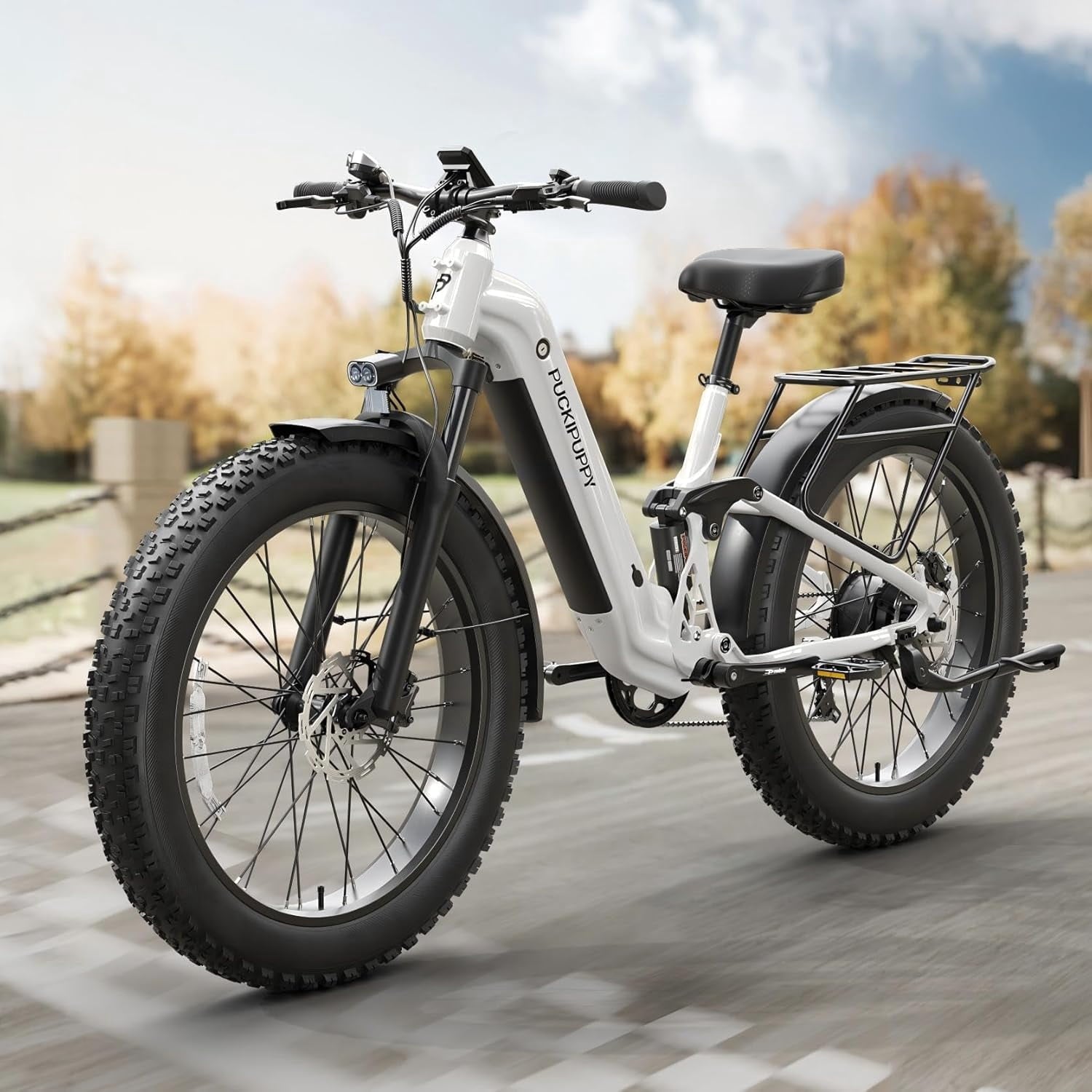 PUCKIPUPPY Electric Bikes for Adults 26 Step-Thru Ebikes 960W Peak Motor 80Miles Range 28mph Max Speed 48V 20AH Battery Full Suspension Fat Tire Mountain E Bike 7 Speed, Comply with UL2849 By SGS