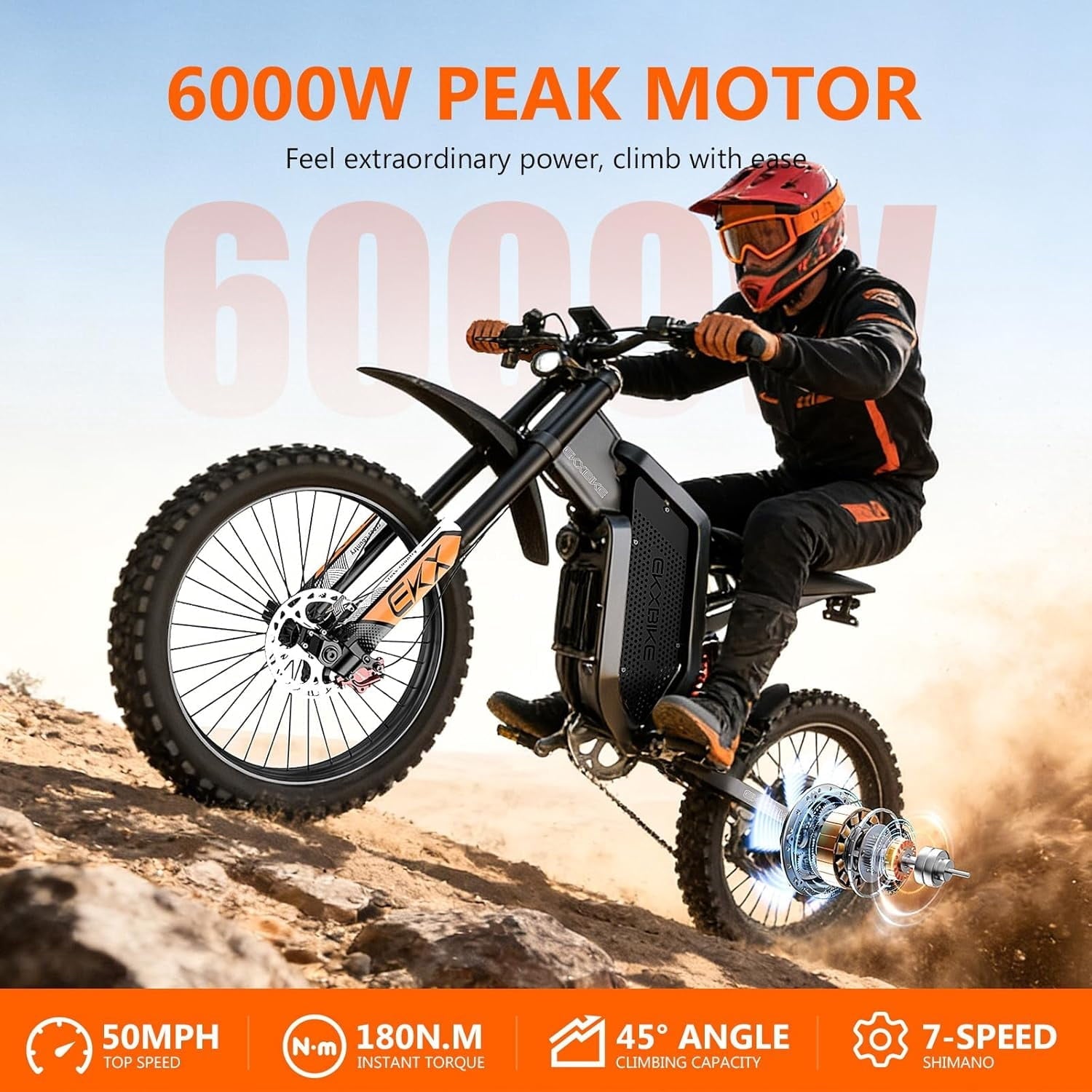 EKXBIKE Peak 6000W X21 Max Electric Bike for Adults,60V 30Ah Battery Off-Road E-Bike,50 MPH Electric Motorcycle,19x2 All Terrain Tires,Dual Suspension Mountain Ebike UL2849