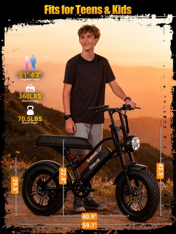 ESKUTE V100 Electric Bike for Teens Adults Students, 750W 28 Mph 48V 13 Ah,16x4.0 Fat Tire E Bicycle, 7-Speed Dual Suspension Mountain EBike Black, UL2849