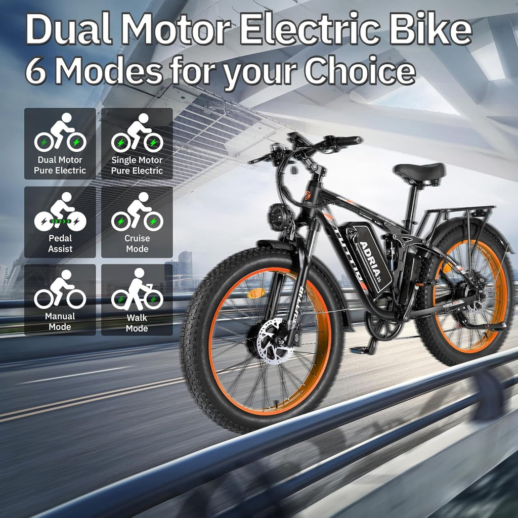 TUTTIO 5000W Dual Motor Electric Bike for Adults Max 46mph, 26x4in Fat Tire All Terrain E-Mountain Bike, 52V 25Ah Full Suspension E Bike, 7-Speed Gear Electric Bicycle UL2849