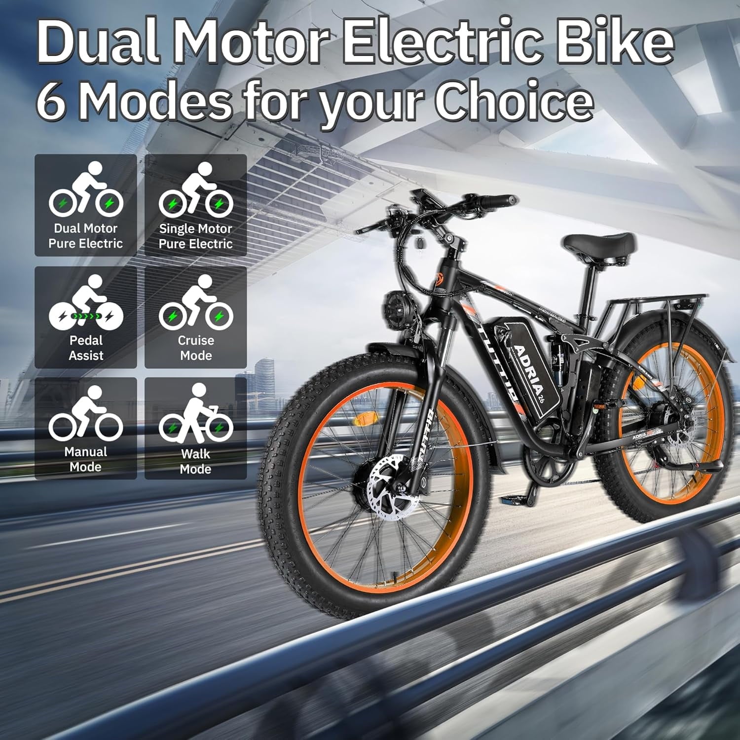 TUTTIO 5000W Dual Motor Electric Bike for Adults Max 46mph, 26x4in Fat Tire All Terrain E-Mountain Bike, 52V 25Ah Full Suspension E Bike, 7-Speed Gear Electric Bicycle UL2849