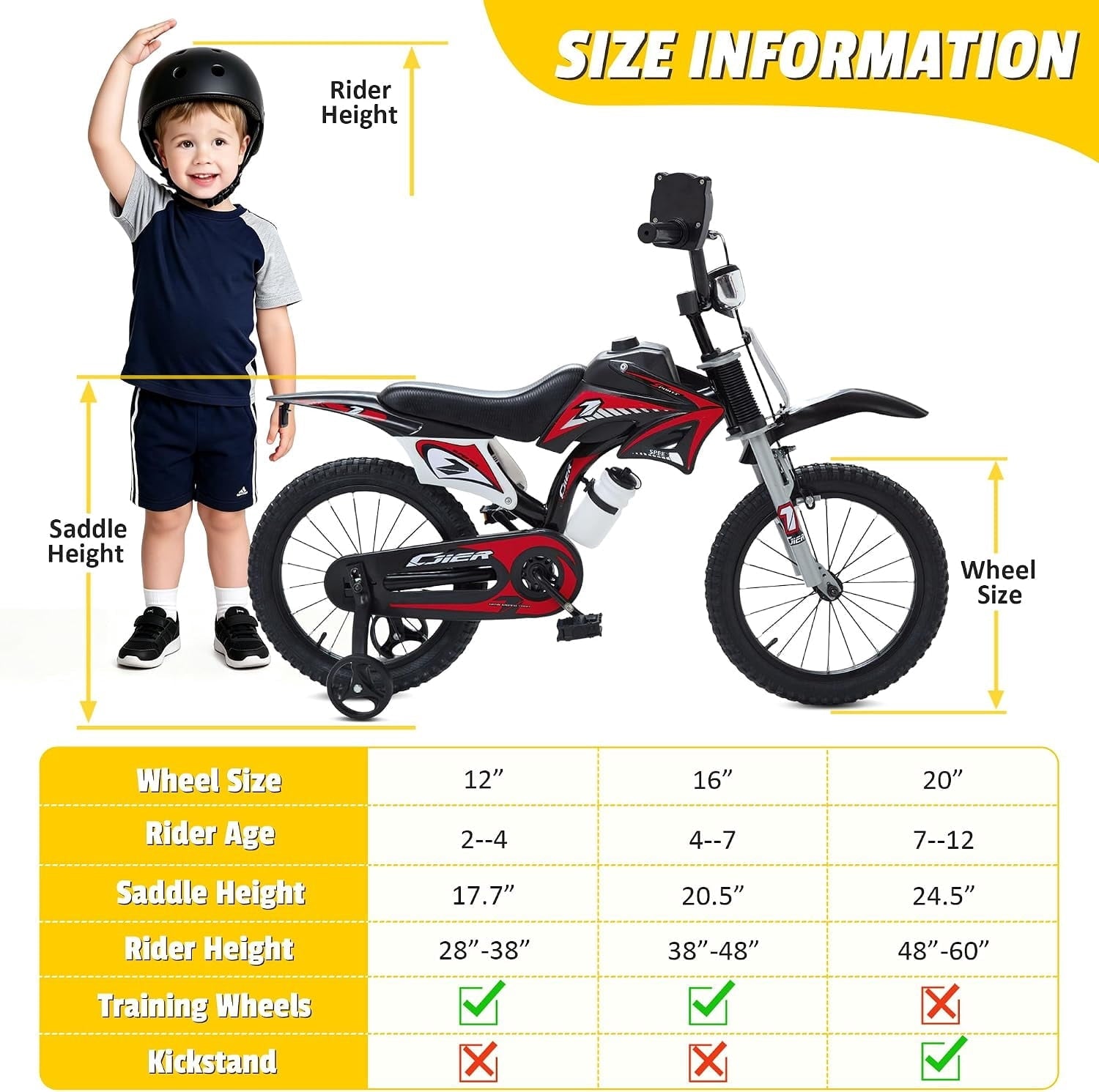 NEORIVER 12 Inch Motocross Style Kids Bike – Training Wheels, Sound Horn, Number Plate & Dashboard Included – Easy Assembly – Ages 3-12 Boys Girls