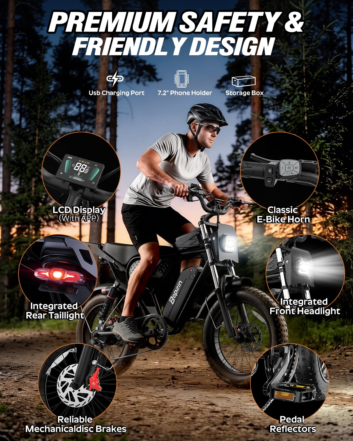Bopzin Electric Bike for Adults, Peak 1500W App & Anti-Theft, 48V/25Ah, 20x4.0 Fat Tire Ebike, UL2849 E-Mountain Bike