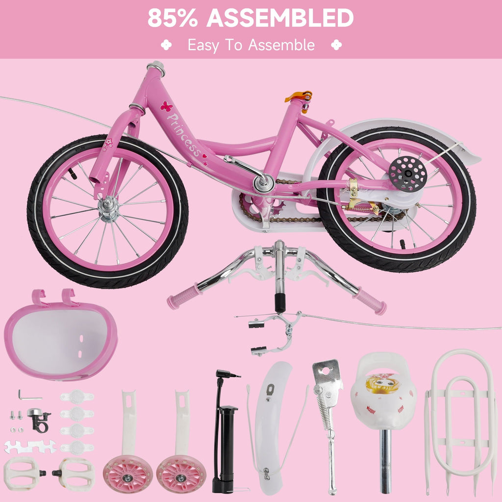 16 18 Inch Girls Bike for Toddlers and Kids Ages 4-9 Years Old, Kids Bike with Flashing Training Wheels & Basket, Girls Bicycle with Handbrake & Kickstand, Pink/Purple