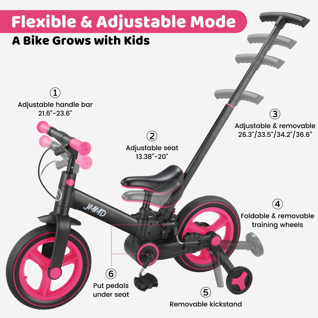 JMMD Toddler Bike with Push Handle for Kid 18-60 Months, 6 in 1 Foldable Tricycle with Training Wheel, Pedals, Kid Balance Bike for Boy & Girl, Black