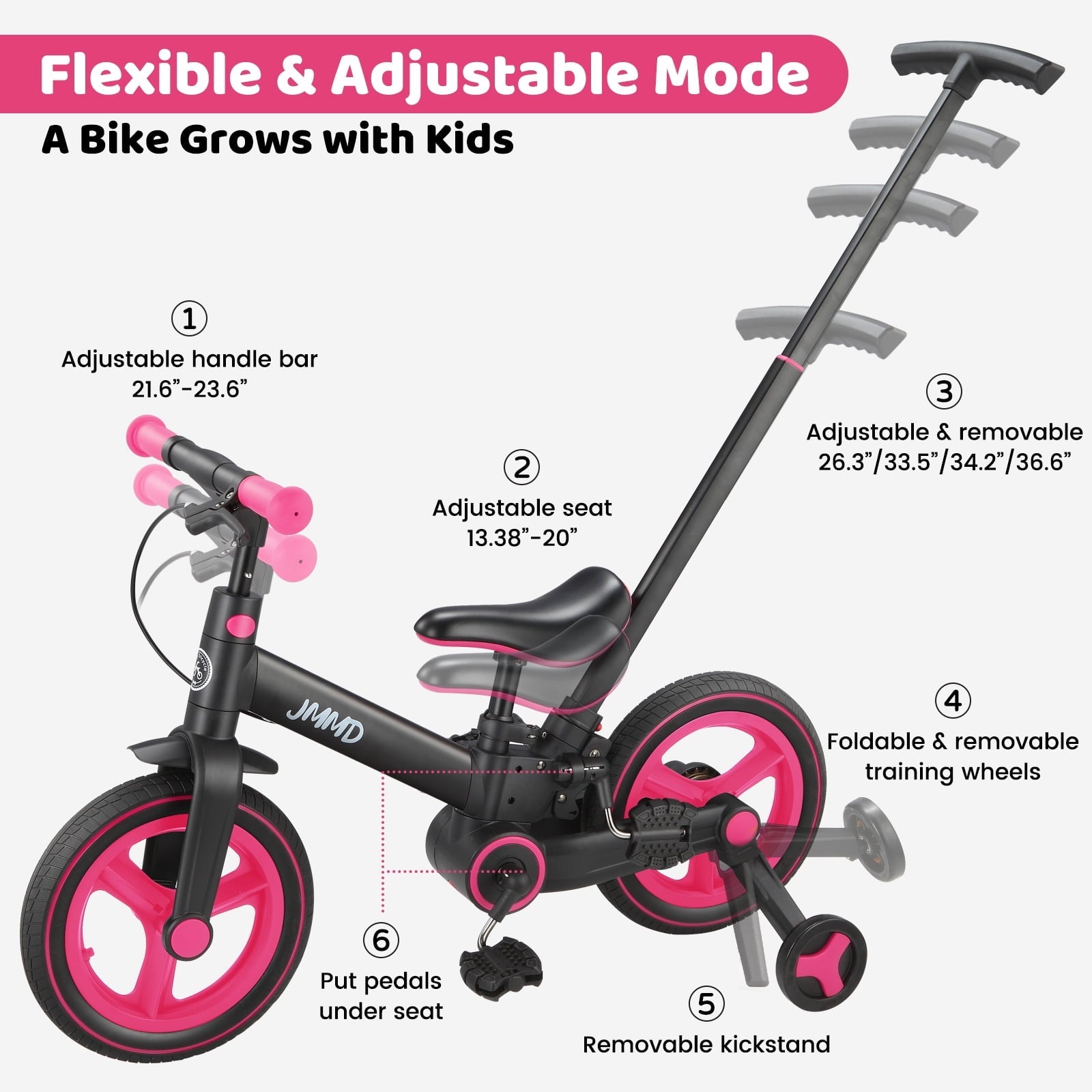 JMMD Toddler Bike with Push Handle for Kid 18-60 Months, 6 in 1 Foldable Tricycle with Training Wheel, Pedals, Kid Balance Bike for Boy & Girl, Black