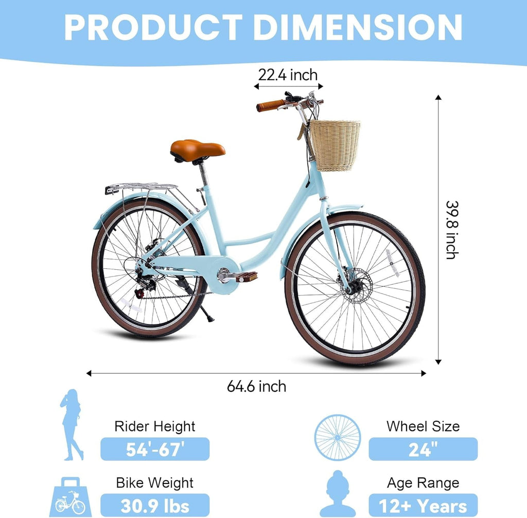 24 Beach Cruisers for Women, Pipleo Bikes for Women with Rattan Basket, 7-Speed & Step-Through Frame