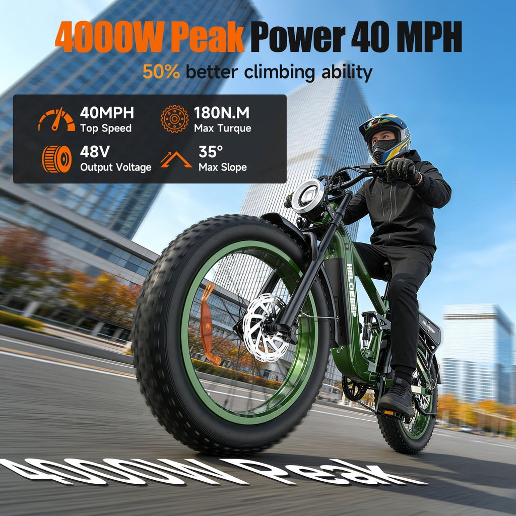Helokeep 26 Green Fat Tire High Performance Cargo Electric Bike for Men, 4000W Peak 2000W, 40MPH, 48V 25Ah UL2849 Off-Road Ebike