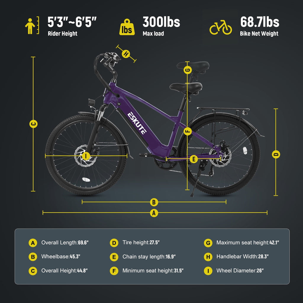 ESKUTE C200D 70-Mile Electric Bike for Adults, 840Wh Removable Battery, 1300W Peak Motor, Up to 28MPH, 26 Tires, 7-Speed Step-Over E-Bike White, UL2849
