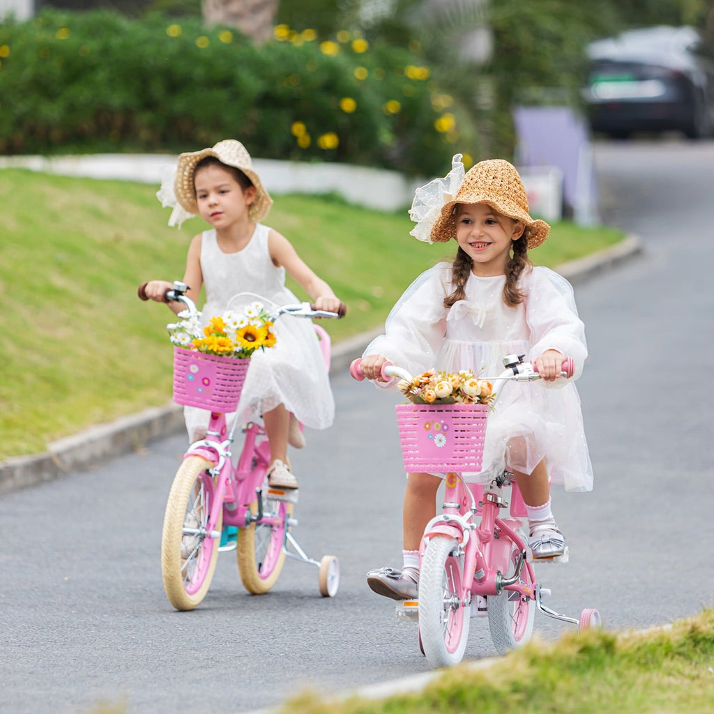 Glerc Maggie 14 inch Kids Girls Bike for Ages 3-5 Years Old Children, Princess Style Kids Bicycle with Doll-Seat & Basket & Training Wheels, Pink