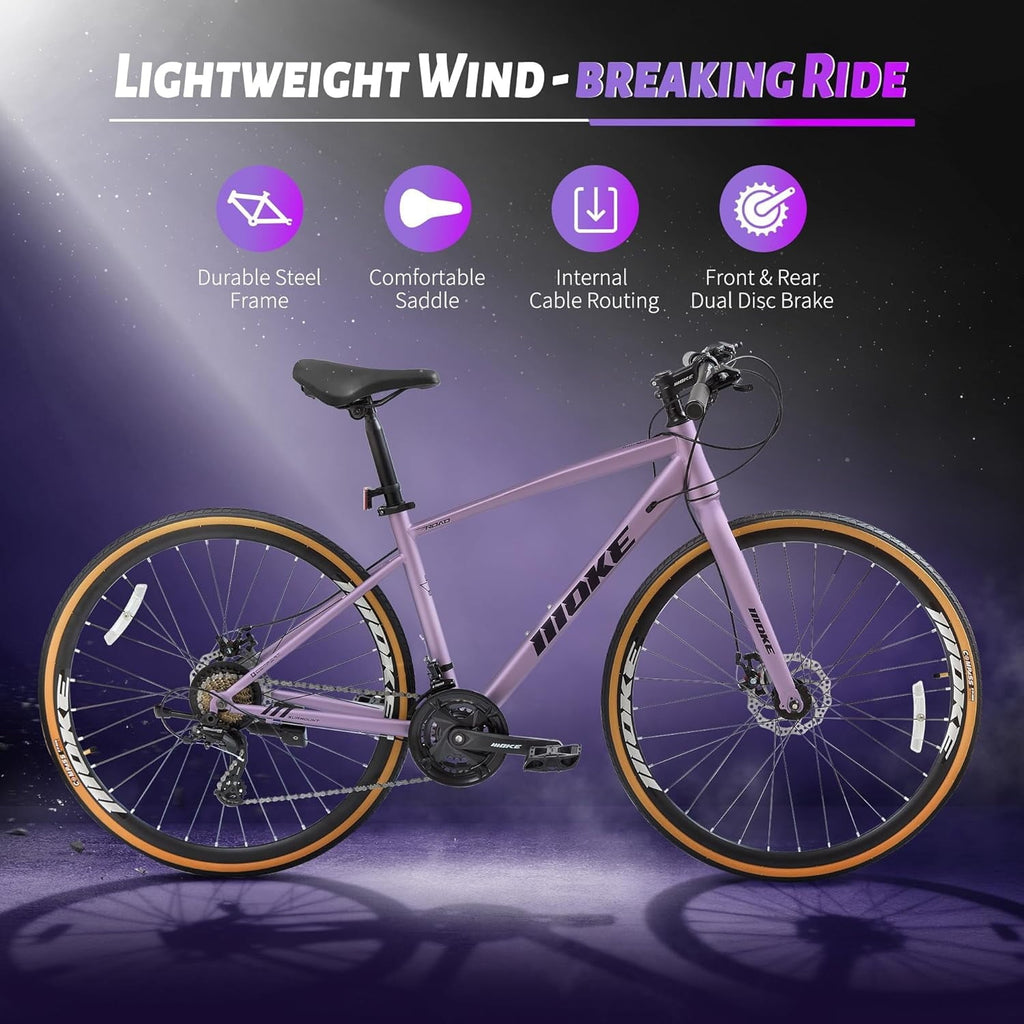 Mens Road Bike, NEORIVER 700C 24-Speed Hybrid Bike for Adults, Features Dual Disc Brakes, Trigger Shifting, Internal Wiring & Lightweight Frame for City Commuting