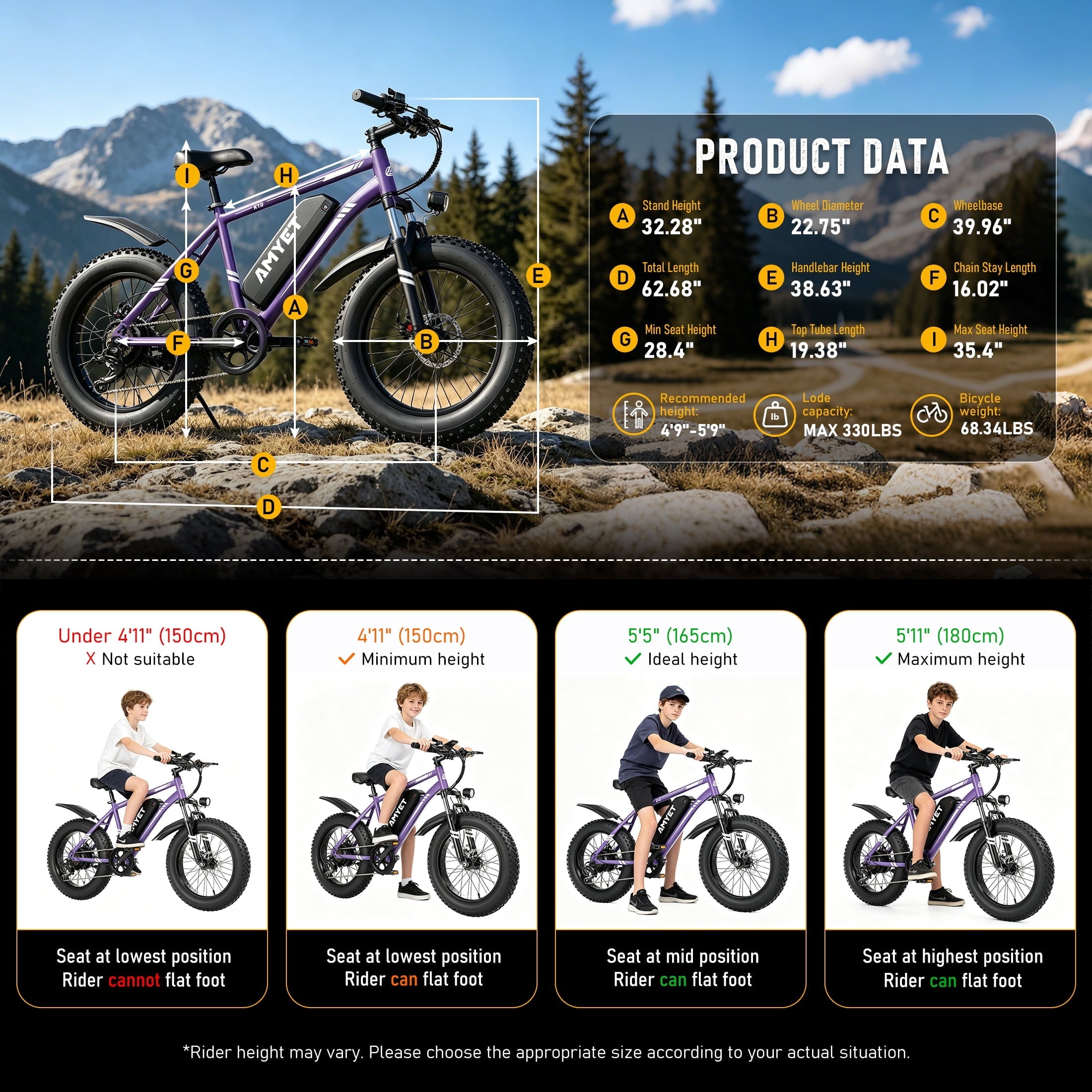 AMYET 1000W Electric Bike, 20 Fat Tire Ebike 28MPH 48V 15Ah E-Mountain Bicycles UL2849 Black