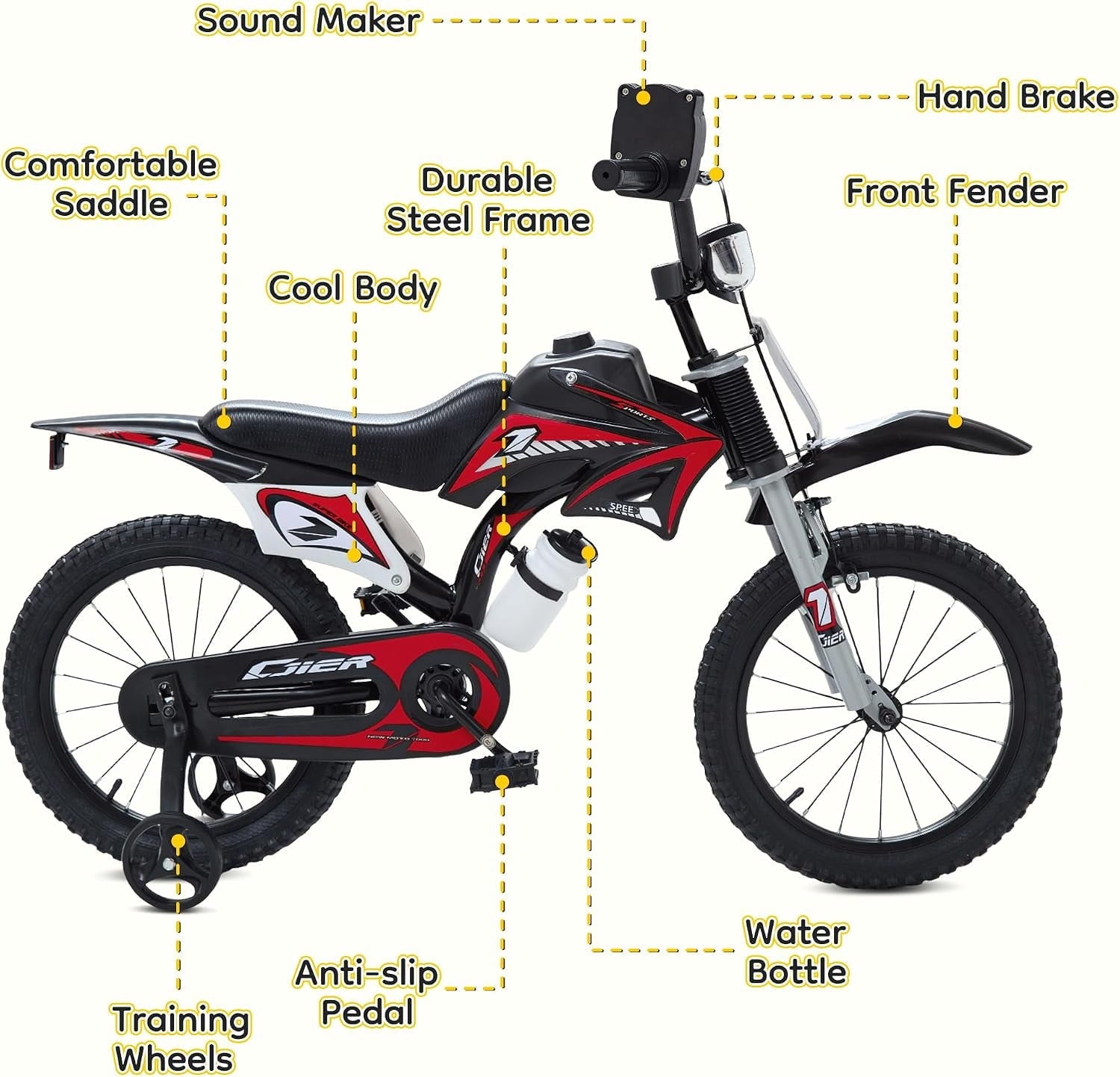 NEORIVER 16 Inch Motocross Style Kids Bike – Training Wheels, Sound Horn, Number Plate & Dashboard Included – Easy Assembly – Ages 3-12 Boys Girls