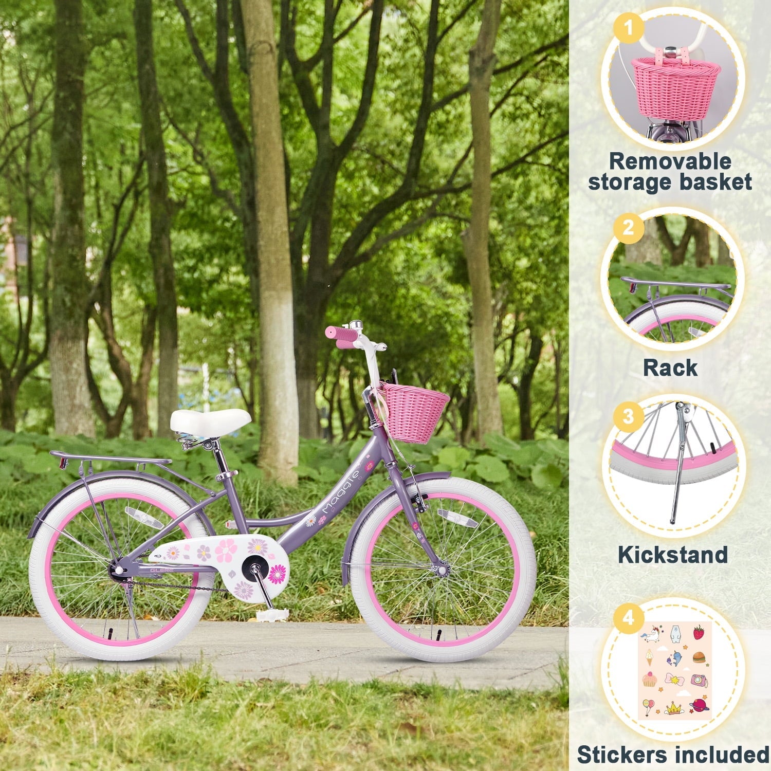 Glerc Maggie 14 inch Kids Girls Bike for Ages 3-5 Years Old Children, Princess Style Kids Bicycle with Doll-Seat & Basket & Training Wheels, Pink