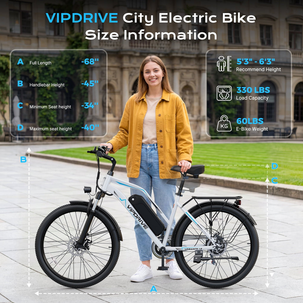 VIPDRIVE 26 Electric Bicycle for Adults & Women, Peak 750W Motor E-Bikes, 48V 7.8Ah Battery, 7-Speed, City Cruiser E-Bike, LCD Display, 50 Mi Range（UL2849）