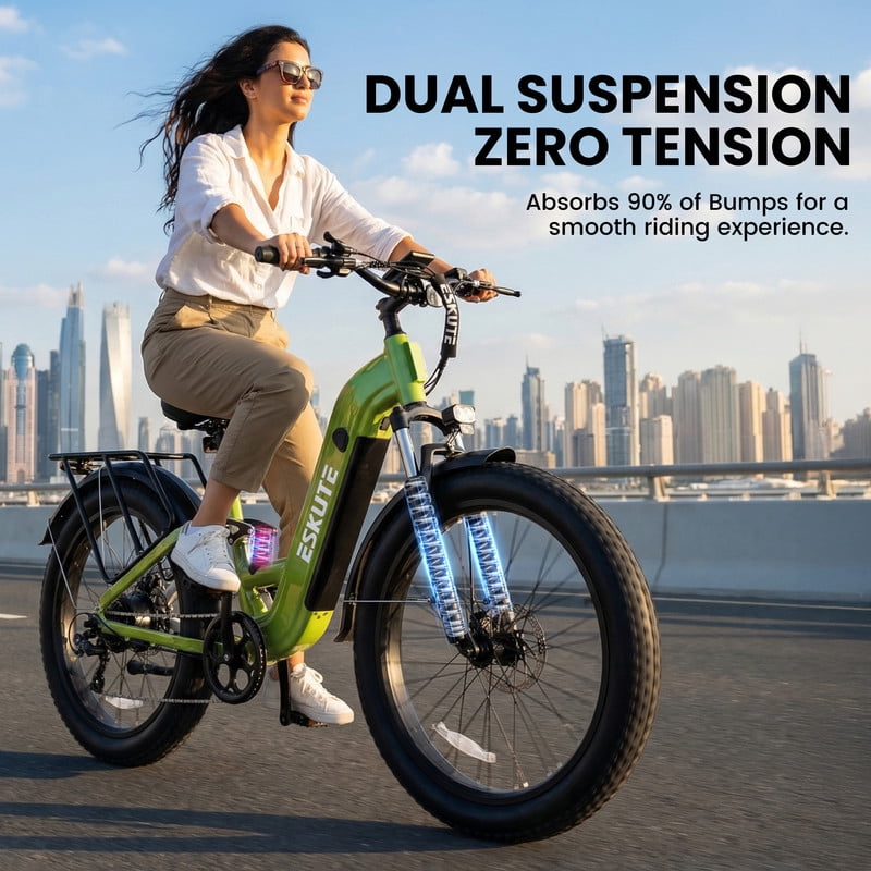 ESKUTE C300 1500W Electric Bike for Adults, 48V 20.8Ah Battery, 32MPH, 80 Miles Range, 26x4.0 Fat Tire Step-Thru Ebike, Full Suspension Electric Bicycle, 8-Speed Pink, UL2849